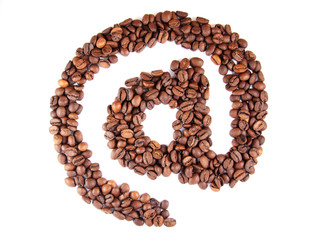 Email symbol with coffee beans on white background
