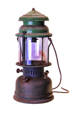 Old kerosene lamp isolated on white. Used in mines or outdoors.