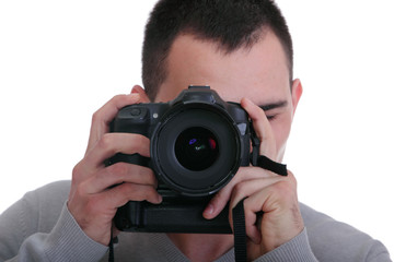 Obraz premium Portrait of male photographer with cameras