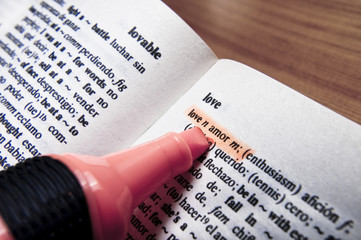 Word love marked in Spanish English dictionary