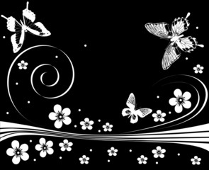 Fototapeta na wymiar white silhouettes of butterflies, flowers and curls
