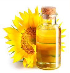 Bottle of sunflower oil with flower.