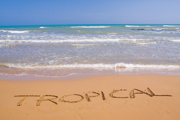 Fototapeta premium beautiful exotic beach in Mediterranean with a sign