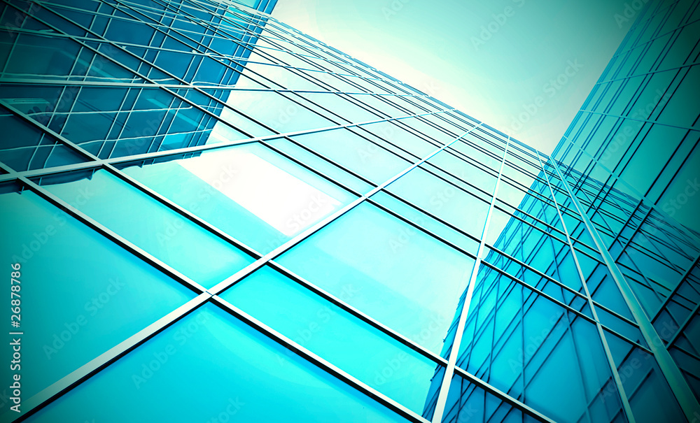 Wall mural modern blue glass skyscraper perspective view