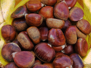 Chestnuts close up with partial mustard coloured bowl