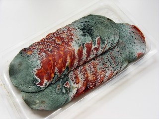 Rotten mouldy salami in packet