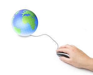 hand and computer mouse with earth globe isolated background..