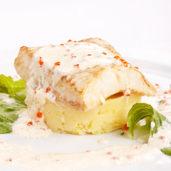 fish fillet with dill sauce on white plate