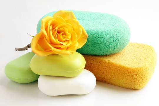 soaps and sponges in bathroom