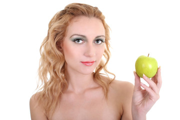 young beautiful woman with green apple