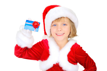 Cute little Santa Claus with credit card