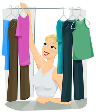 woman reaching for pink dress in closet clip art preview