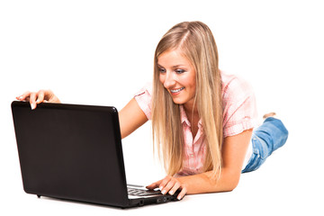 Caucasian woman with notebook on white isolated backgrodun