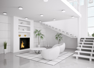 Weisses Wohnzimmer mit Kamin interior 3d render
