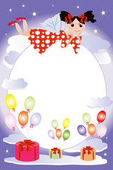 Fototapeta premium Birthday frame:fairy flying on a clouds