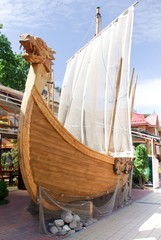 Viking ship in street.