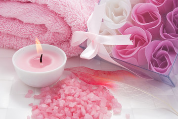 Aroma candle, bath salt and rose petals soap for aromatherapy