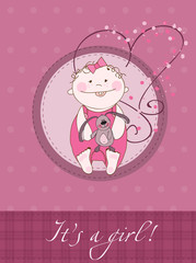 Baby Girl Arrival Announcement Card with plush rabbit