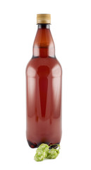 Beer, plastic bottle, hop,  isolated on white background.