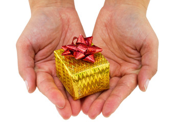 Female hands giving a small christmas gift isolated on white