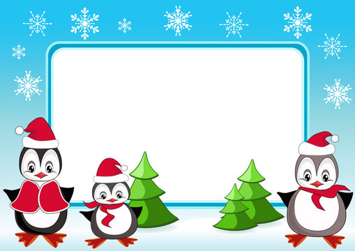 Baby penguins. Christmas frame.
