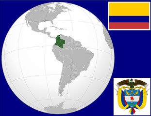 Colombia globe map locator world flag coat