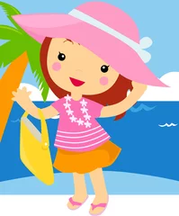 Poster schattig meisje met tas op het strand © mikoo