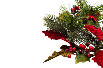 Holly sprig with red glitter leaves on white