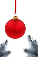 Christmas evergreen tree, glass ball and snow