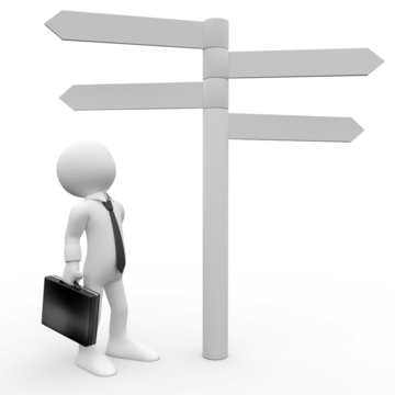 Humano 3d mirando cartel informativo de distancias y direcciones