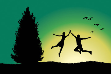 man and girl holding for hands and jumping on hill near spruce t