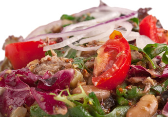 vegetables salad on white plate. tomatoes and cucumber