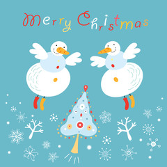 Postcard snowmen angels