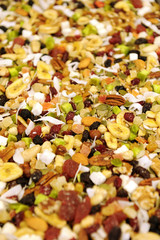 Background of assorted mixed nuts and dried fruits