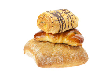 bread, roll with poppy seeds and roll with chocolate isolated on