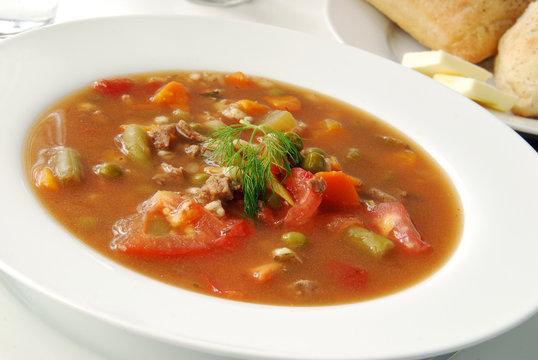 Vegetable Beef Soup with Dill Garnish