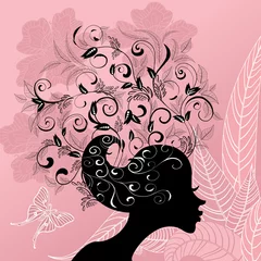 Poster Profiel van een meisje met haar versierd met bloemen © Aloksa
