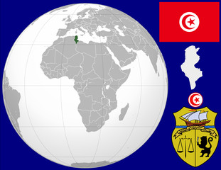 Tunisia globe map locator world flag coat