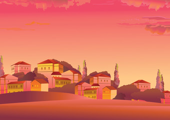 Evening landscape with the town. Vector art-illustration.