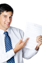 Happy businessman showing document or contract, isolated