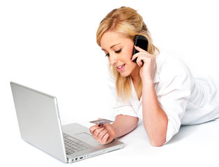 Shopping with laptop, mobile and credit card