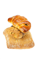 bread, roll with poppy seeds and roll with chocolate isolated on