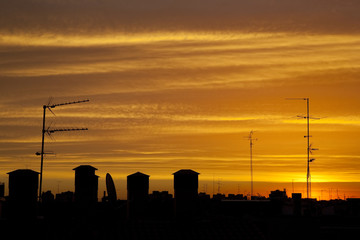 Sun Rising over Rooftops in Madrid, Spain