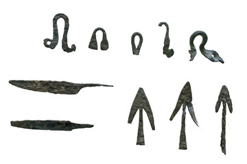 bronze spear and arrow heads with hooks isolated on white