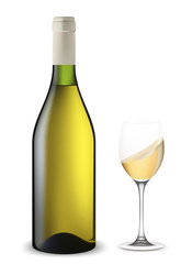 Bottle and glass of wine shaken. Vector illustration.