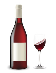 Bottle and glass of wine shaken. Vector illustration.