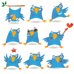 Collection of funny blue birds, vector illustration