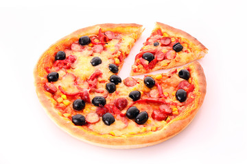 sliced pizza with olives isolated on white