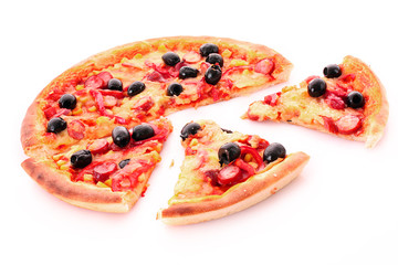 sliced pizza with olives isolated on white
