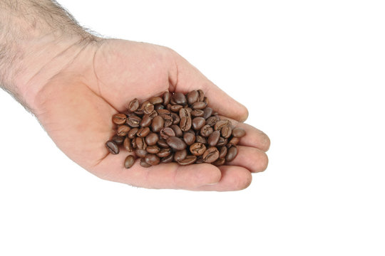 Hand with coffee beans, isolated
